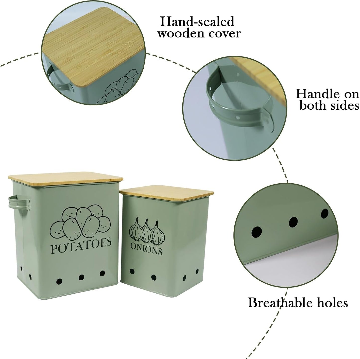 Kitchen Vegetable Storage Tins Set of 2 for Potatoes, Onion, with wooden lid Garlic Bin Caddy, Long Shelf Life-Grayish Green