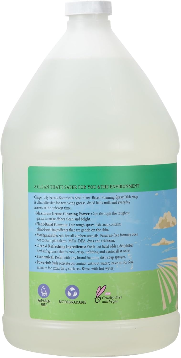Ginger Lily Farms Botanicals Plant-Based Foaming Spray Dish Soap, Concentrated Formula with Max Grease Cleaning Power, Cruelty-Free, Basil Scent, 1 Gallon Refill (128 Fl Oz)