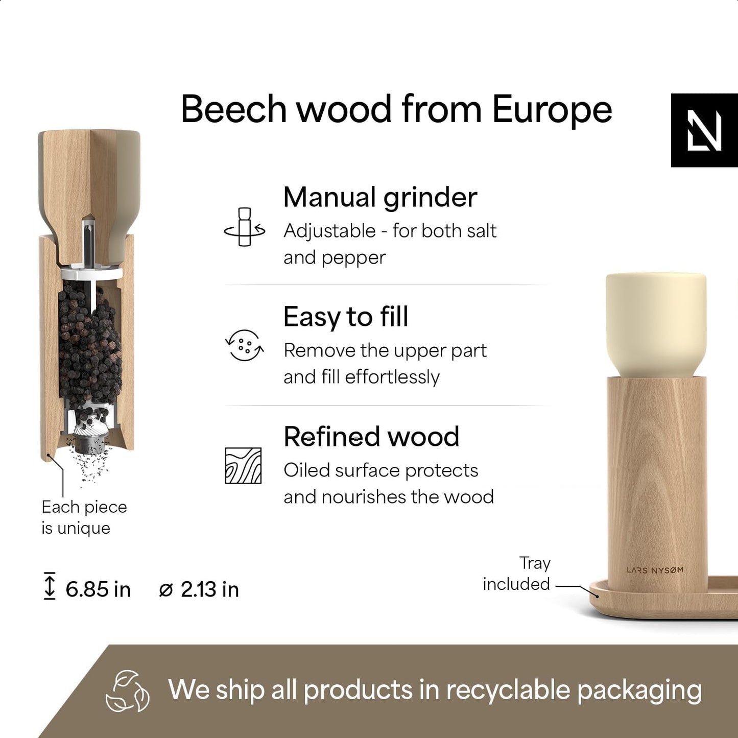 LARS NYSØM Wooden Salt and Pepper Grinder Set Manual with Tray - Salt and Pepper Mills with Adjustable Ceramic Grinder - Elegant Beechwood Pepper and Salt Mill Set for Dining Table (Brown/Beige)