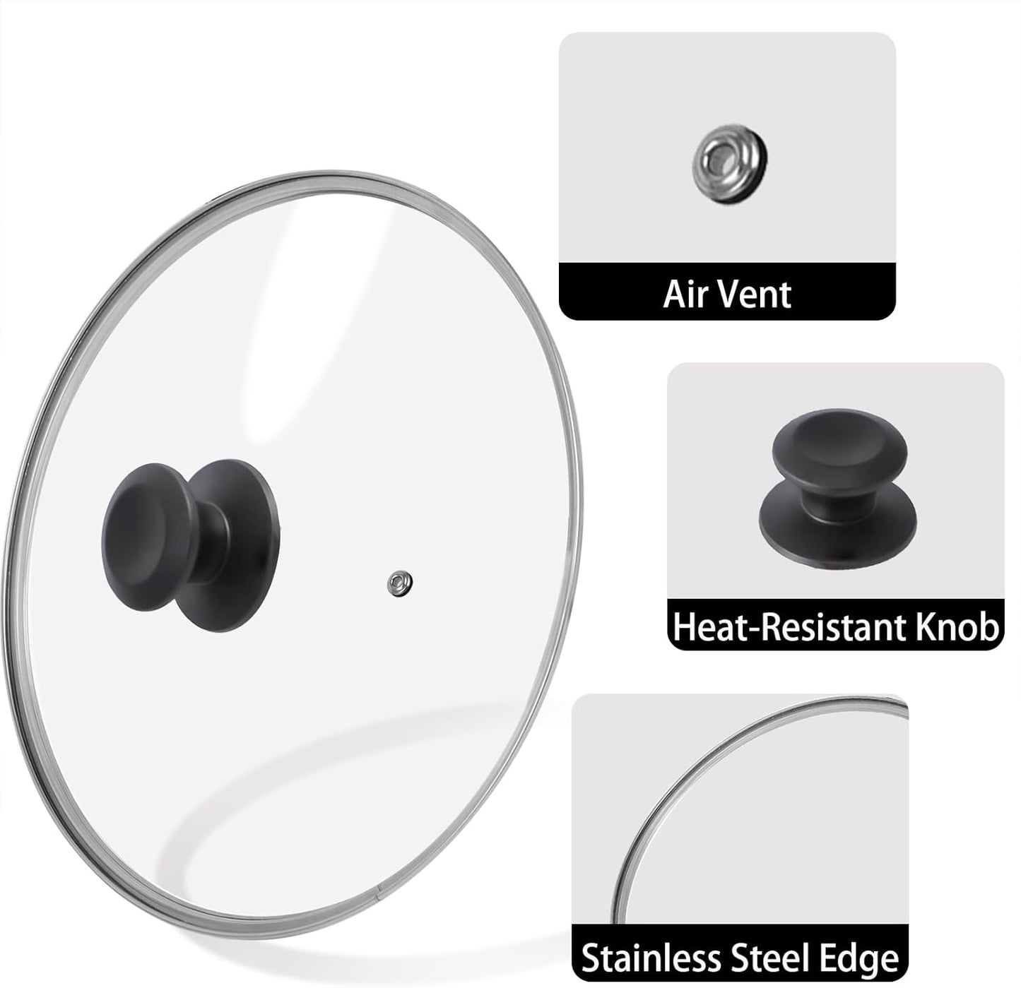 10.25 inch Tempered Glass Lid for Pots, Frying Pans and Skillets, Replacement Cover with Heat Resistant Black Knob Handle, Dishwasher Safe