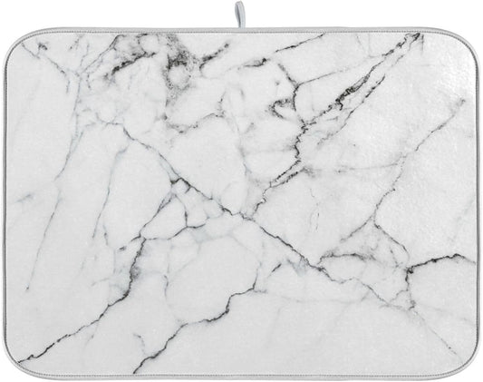 White Grey Marble Dish Drying Mat for Kitchen Counter Absorbent Microfiber Drying Pad, Large 18x24 in, Reversible Drainer Mats