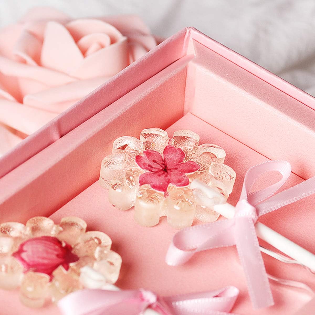 12 Capacity Silicone Cherry Blossoms Lollipop Mold Set, Sucker Molds and Chocolate Hard Candy Mold with 50pcs Lollipop Sucker Sticks, Candy Treat Bags, Gold Ties. (Cherry Blossoms Pink)