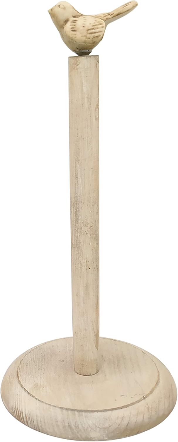 Bird Design Shabby Whitewashed Wood Paper Towel Holder Stand Up Paper Towel Holder, Easy One-Handed Tear Kitchen Paper Towel Dispenser with Weighted Base for Standard Paper Towel Rolls