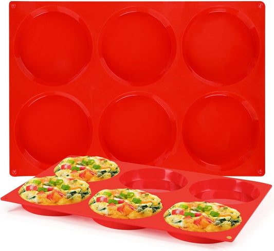 CAKETIME Jumbo Muffin Top Pan, Silicone Egg Molds for Breakfast Sandwiches 4 Inch Large Egg Baking Pan for Oven English muffins, Whoopie Pies, Corn Bread, Egg bites, Tarts 2 Pack Red