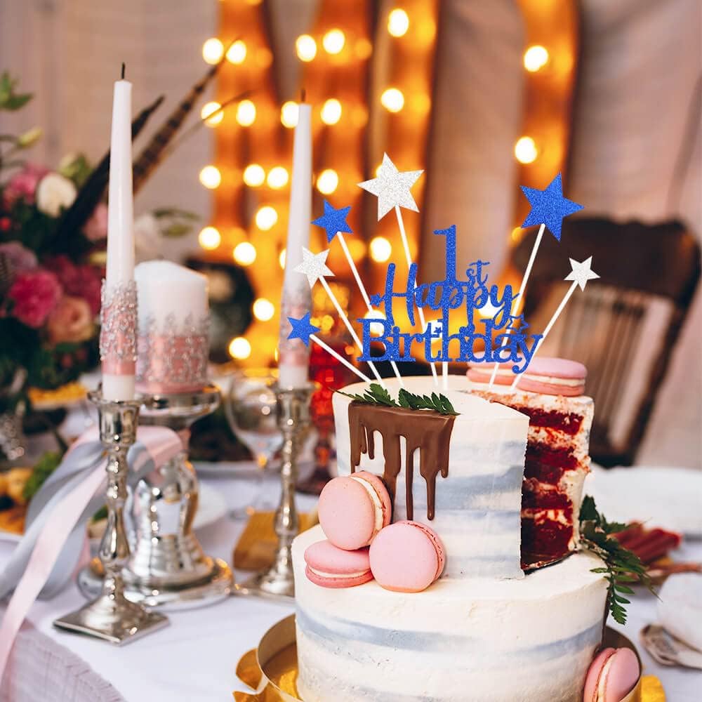 Glittery 1st Happy Birthday Cake Topper with Star,Personalised 1 Birthday Cake Toppers Party Decorations Party Supplies for Baby Boys Girls Blue