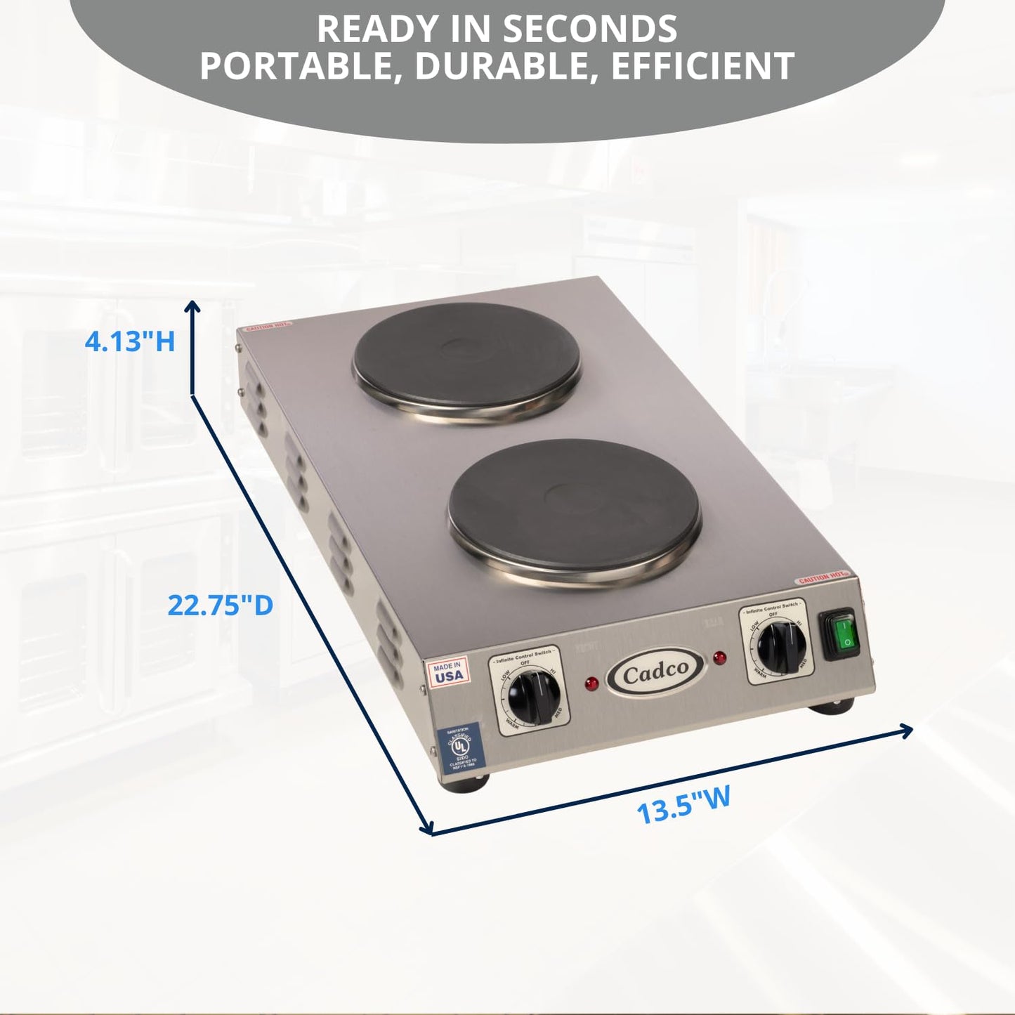 Cadco CDR-2CFB 13-1/2" Electric Portable Countertop Space Saver Hot Plate w/Two Cast Iron Burners for Restaurant Hotel Food Truck Concession Kiosk, Stainless Steel, 120v