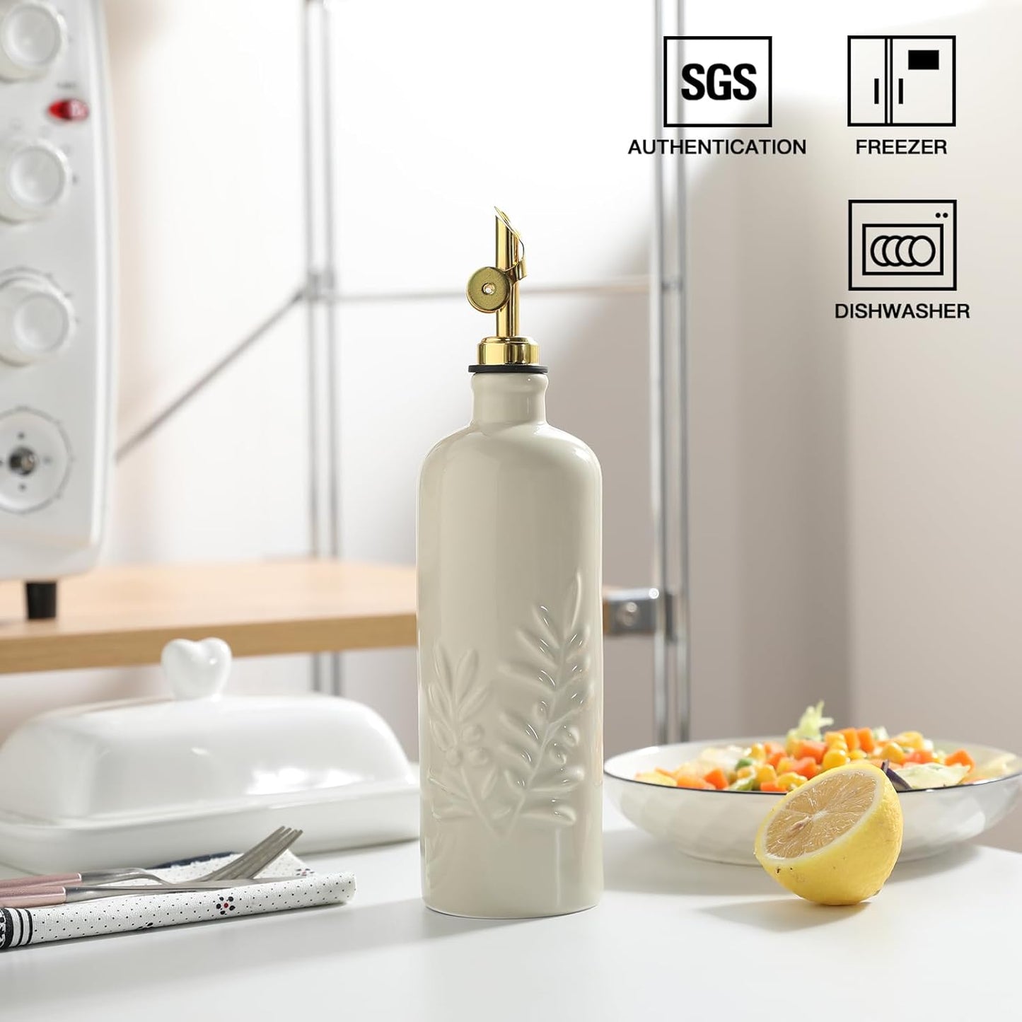 Sweejar 18 Oz Oil Dispenser for Kitchen with Gravity Spout, Ceramic Olive Oil Dispenser Bottle, Relief Opaque Vinegar Container for Evoo, Vinegar, Soy Sauce, Pack of 1(Beige, Gold Spout)