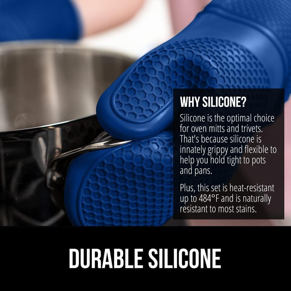 GORILLA GRIP BPA-Free Soft Silicone Oven Mitts and Pot Holders Sets of 4, Heat Resistant Waterproof Cooking Gloves, Thick Cotton Lining, Flexible Gripping for Baking Grilling, Kitchen Trivets, Blue