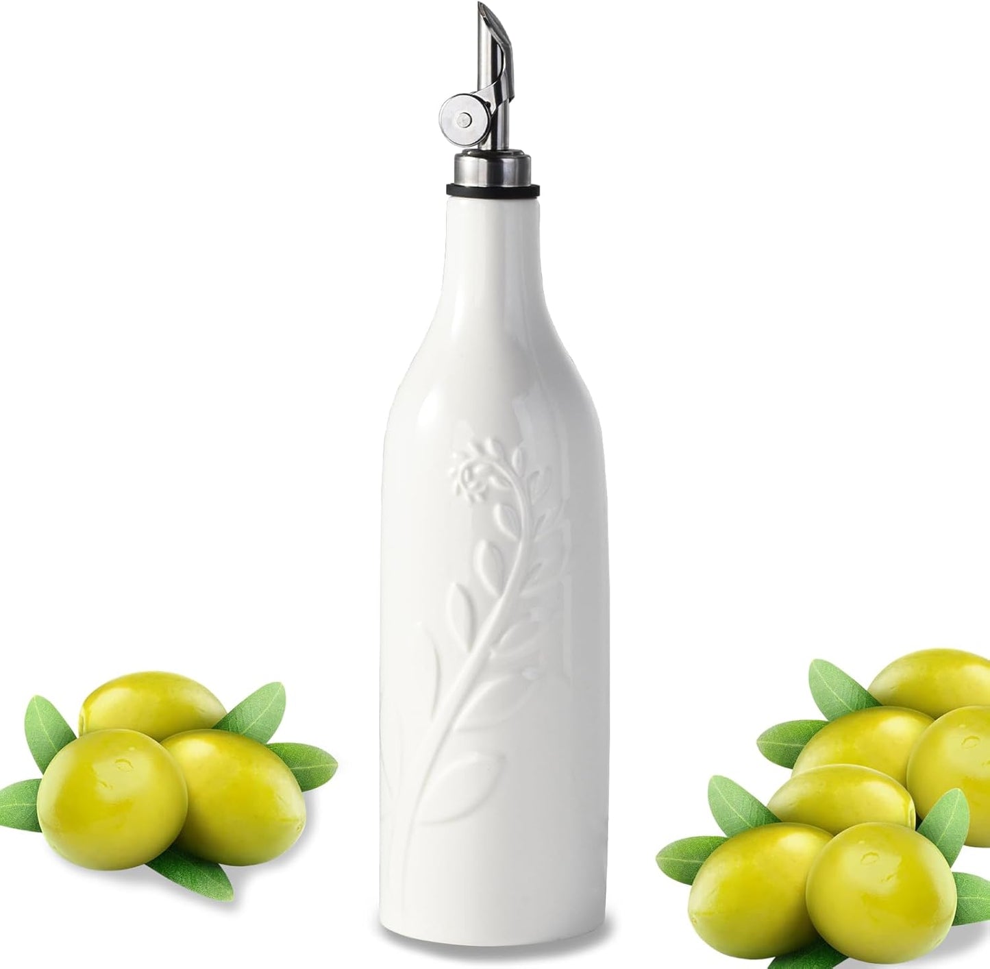 22 Oz Olive Oil Dispenser Bottle with Spout, Ceramic Large Oil Dispenser for Kitchen, Relief Oil Cruet Vinegar Container with Automatic Stainless Steel Pourer Suitable for Oil, Vinegar, Soy Sauce