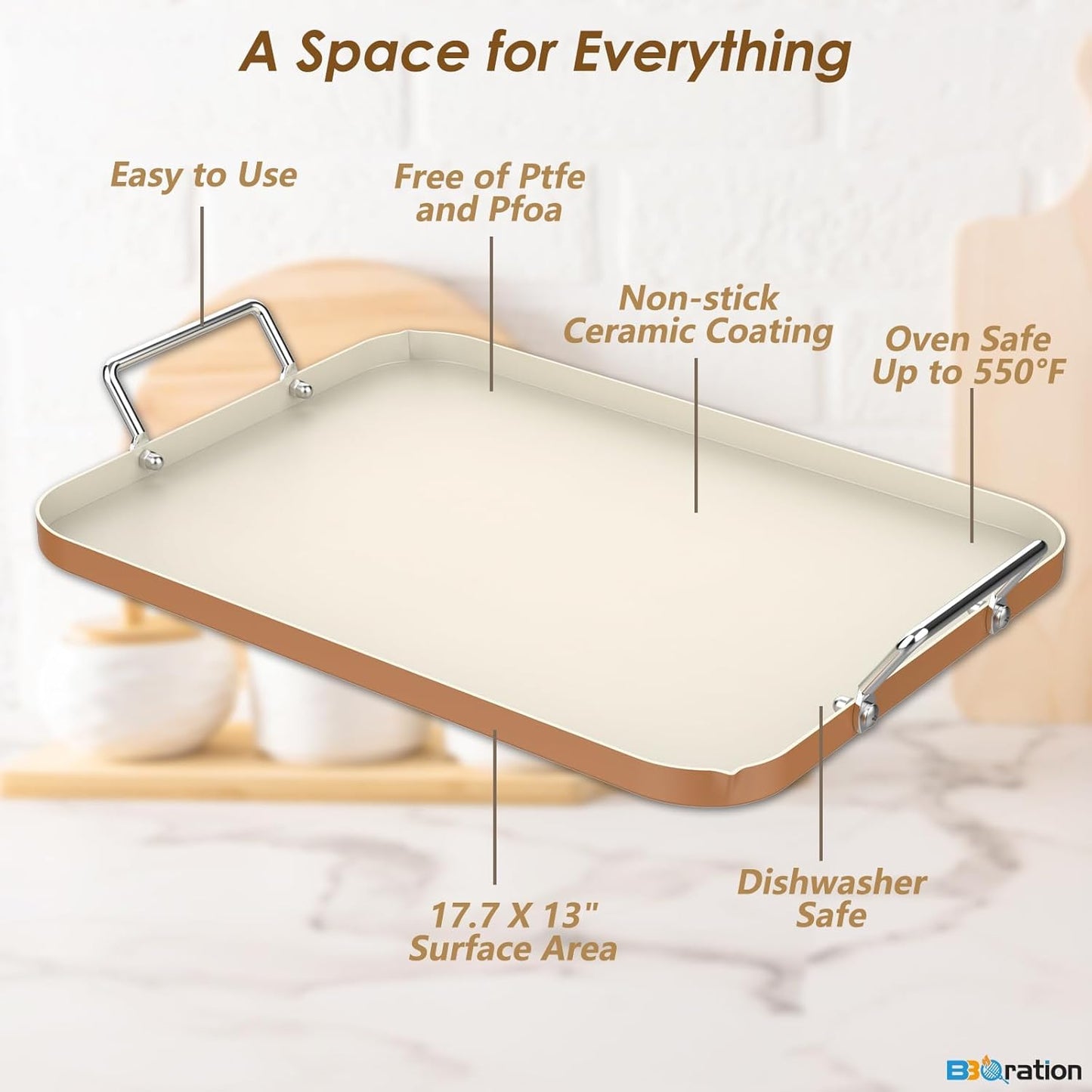 17.7" x 13" Burner Griddle Pan for Stove Top Oven, Stainless Steel Handles, Non Stick Ceramic Griddle Pan Griddle Skillet, PTFE Free PFOA Free