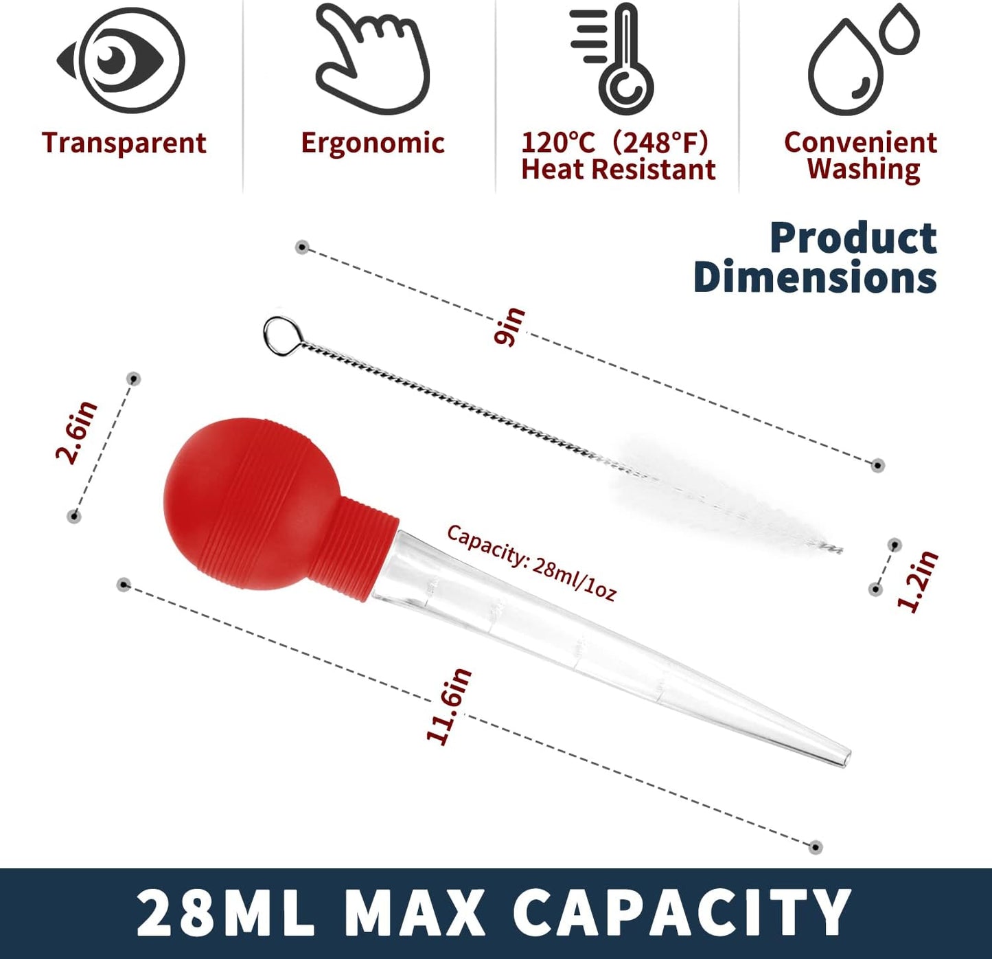 Turkey Baster With Cleaning Brush, Baster Syringe for Home Baking and Roaster Turkey, Include Detachable Food Grade Bulb with Double Scales for BBQ Grill Baking Kitchen Cooking，RED