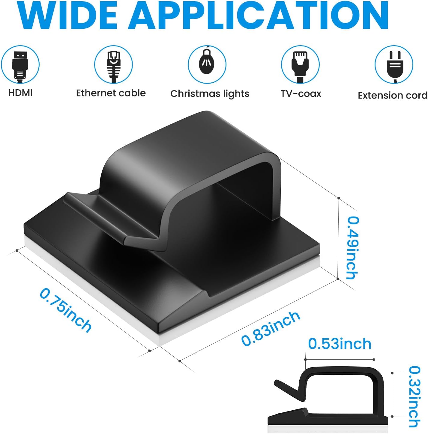 100 PCS Adhesive Cable Clips Black (50 Small & 50 Large), Cable Management Under Desk, Cable Wall Clip, Wire Clips for Cords of Car Dash Cam, HDMI, Extension Cord, TV PC Phone USB Ethernet Coax