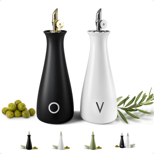 Oil and Vinegar Dispenser Set with Self-Closing Stainless Steel Spouts - 530 ML Capacity Matte Ceramic Leak Proof EVOO & Vinegar Dispensing Bottle Set of 2 - Olive Oil and Vinegar Dispenser Bottle Set