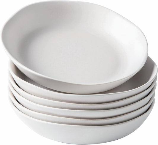 AmorArc 9.75'' Large Ceramic Pasta Bowls, 38oz Stoneware Wide Serving Bowls Set of 6 for Kitchen, Oven, Microwave&Dishwasher Safe Bowls with Wavy Rim for Fruit Pasta Salad Meal, Matte White