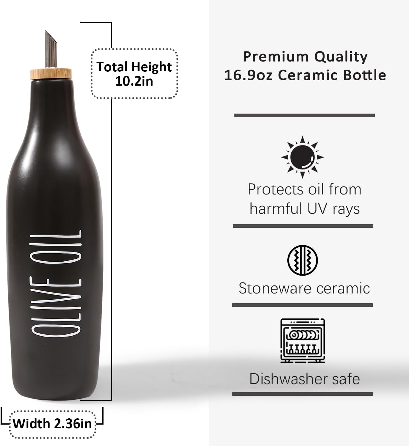 HOMCDALY Olive Oil and Vinegar Dispenser Set, Ceramic Oil and Vinegar Bottles with Bamboo Tray, 16.9oz Kitchen Cruet - Set of 2 - Black