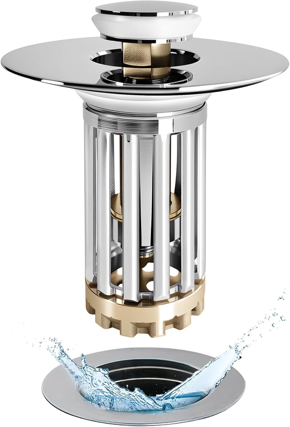 Bathroom Sink Drain Strainer, 3 in 1 Pop Up Bathroom Sink Stopper with Removable Brass Basket Hair Catcher, Universal Sink Plug for 1.06 to 1.6in Drain Hole, Chrome Silver