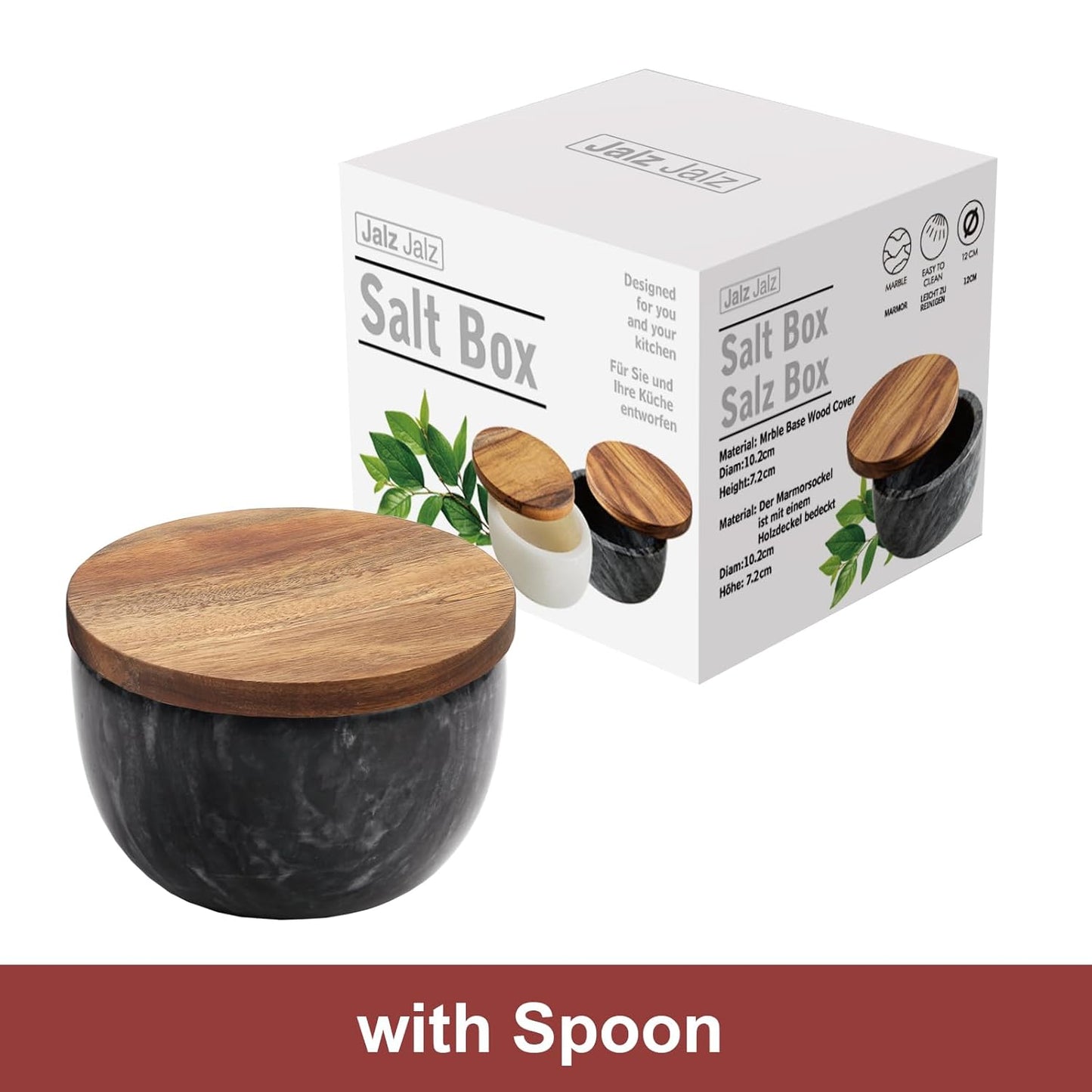 Salt Box Salt cellar with spoon Black Marble Base Natural Acacia Top Decorative Boxes Spice Seasonings Keeper Salt Container Elegant Design Salt Cellar Spice Cellar