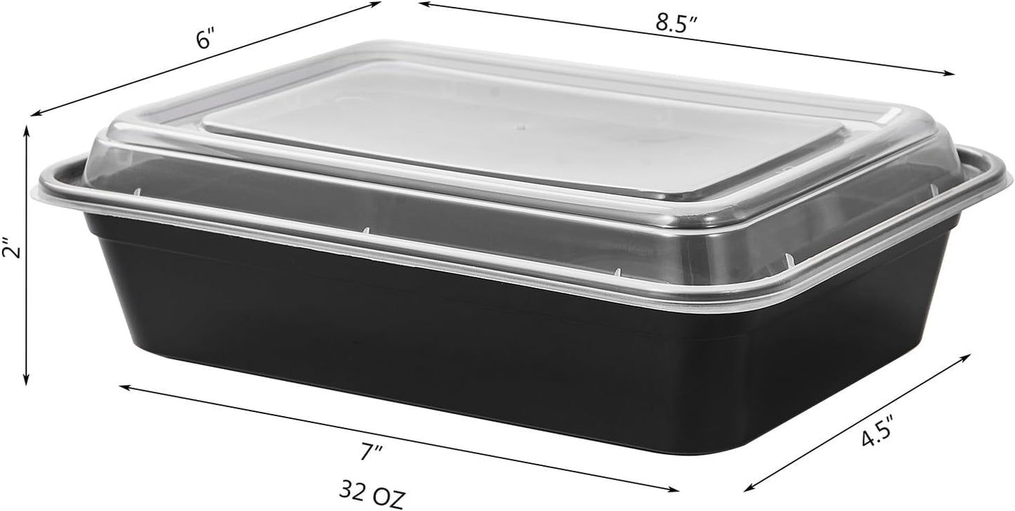 FULING 32 oz 50Pack Plastic Meal Prep Food Storage Containers with Lids Reusable 1 Compartment To Go Lunch Box Black Extra Large &Thick Microwave Freezer Dishwasher Safe BPA Free Stackable