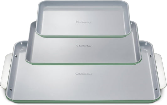 Caraway Non-Stick Ceramic Baking Sheet Trio - Naturally Slick Ceramic Coating - Non-Toxic, PTFE & PFOA Free - 18 x 13" Large, 15 x 10" Medium, & 9" x 13" Small - Sage