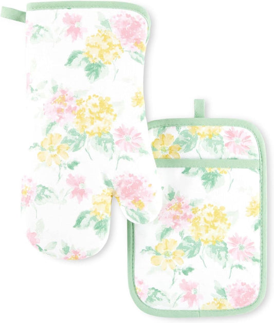 Martha Stewart Amber Floral Oven Mitt & Pot Holder Set 2-Pack, Pink/Yellow, OM: 7"x13" & PH: 7"x10"