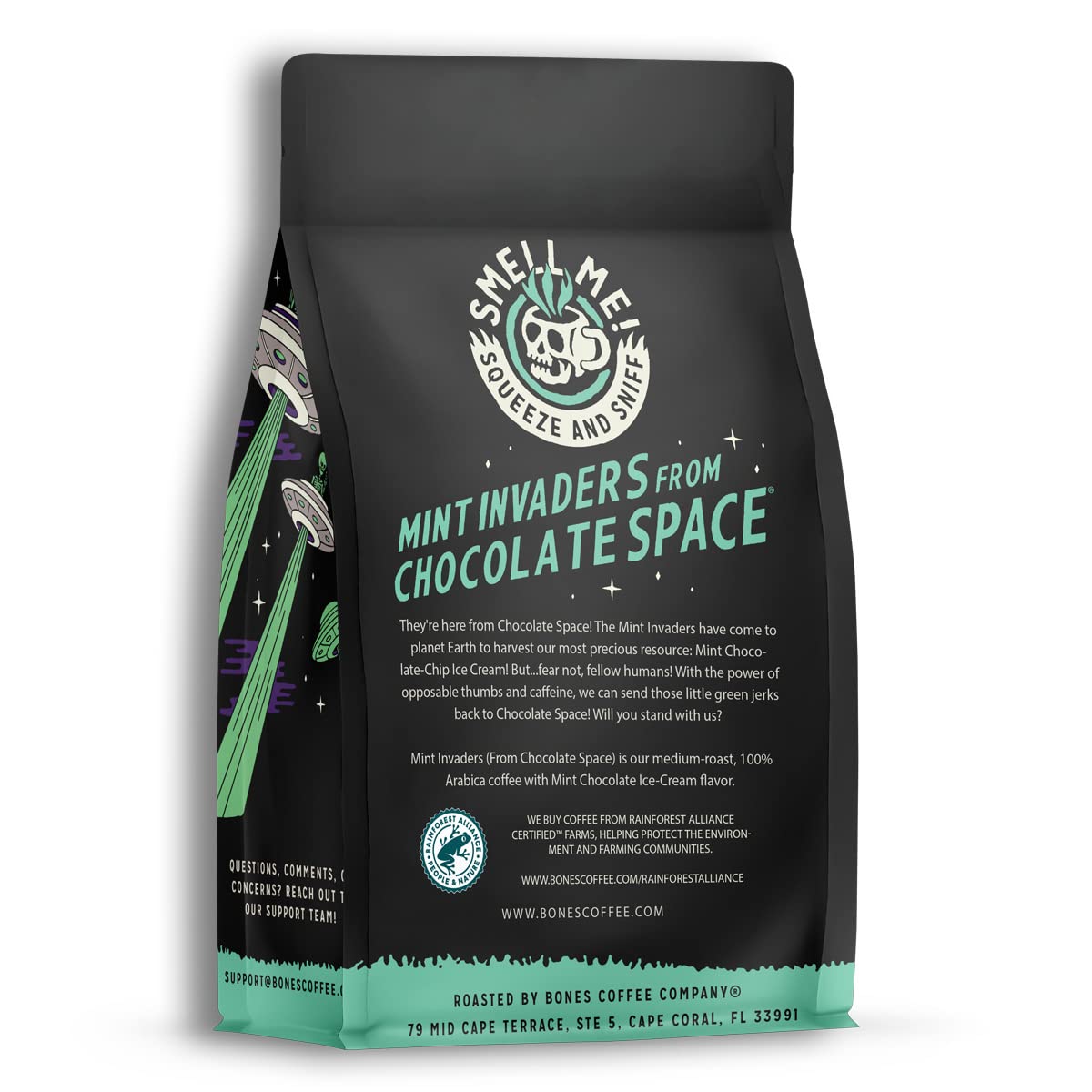 Bones Coffee Company Mint Invaders, Mint Chocolate Chip Flavored Coffee, Medium Roast Low Acid Arabica Beans Compatible with Auto drip and French Press Coffee Maker, 12 Oz Ground