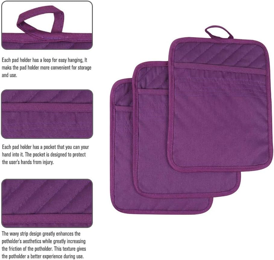 Anyi Pot Holders for Kitchen Heat Resistant, Cotton Hot Pads for Counter Table, Purple Kitchen Pot Holders with Pocket