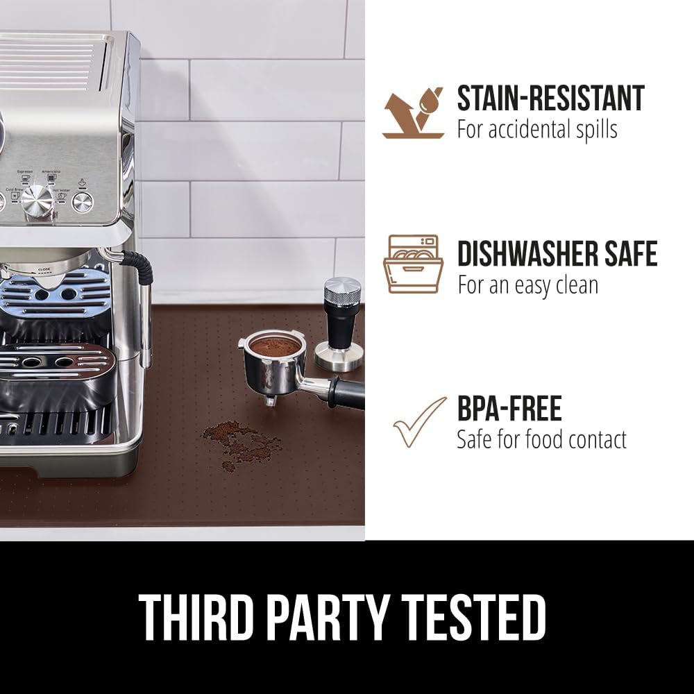 GORILLA GRIP Silicone Coffee Mat, 18x28, Espresso Drink Bar Station Accessories, Waterproof Heat-Resistant Dish Drying Mats, Stay in Place on Kitchen Counter, Home Kitchen Decor Essentials, Brown