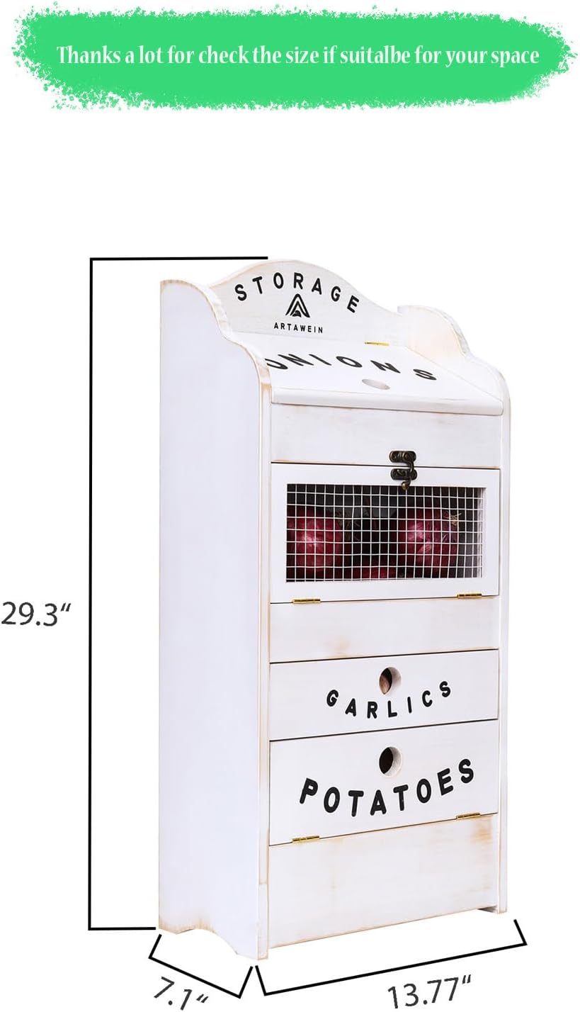 ARTAWEIN Pine Wood Veggie Bin for Potato, Onion and 1 Garlic Drawer Vegetable Box for Kitchen Storage, Solid Wood Vegetable Bin 13.77" L X 7.1" W X 29.3" H (Rustic White)