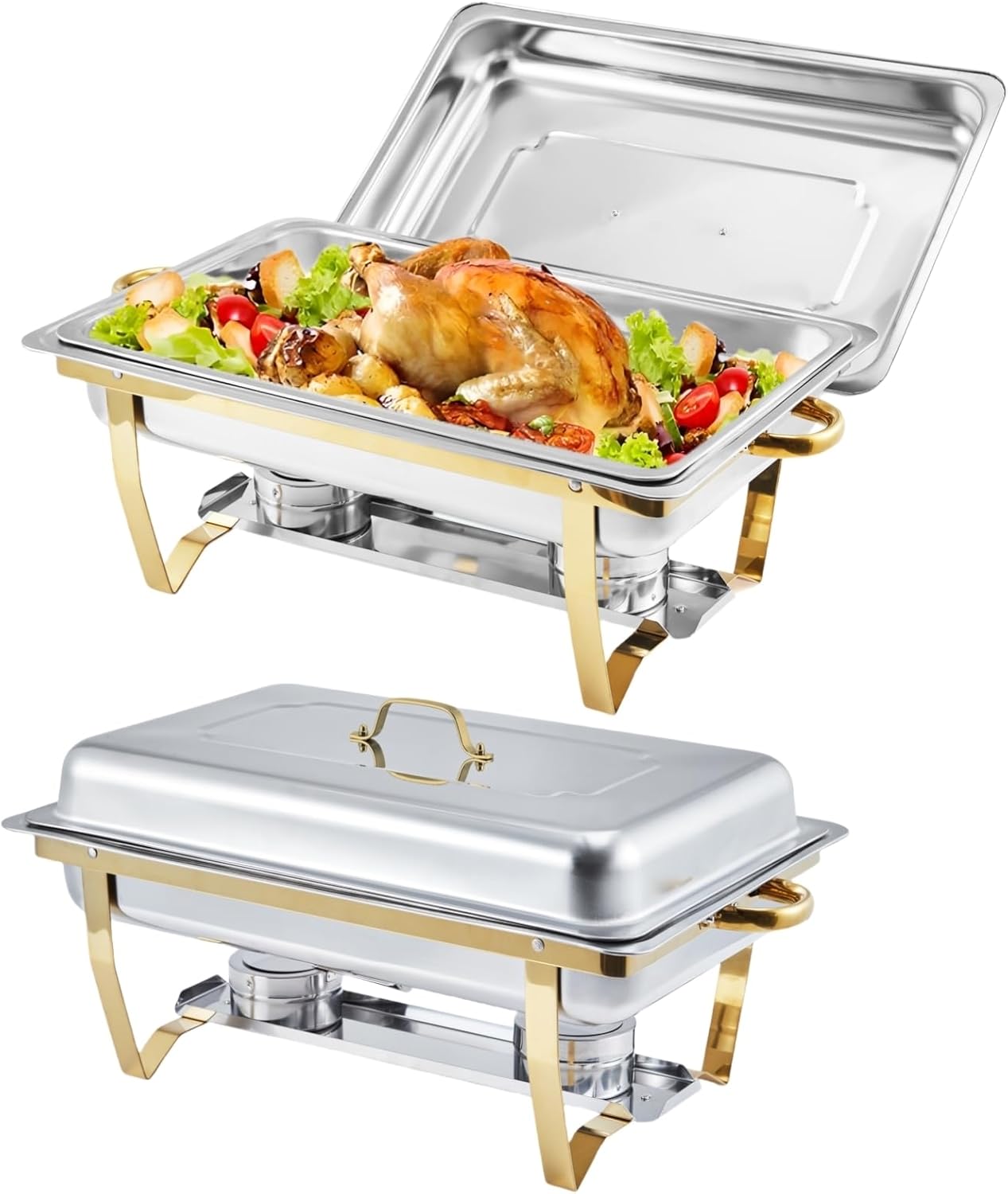 GarveeHome Chafing Dishes for Buffet 2 Pack, 8 Qt Stainless Steel Chafers and Buffet Warmers Sets with Lid, Rectangle Serving Food Warmer Catering Supplies Buffet Display for Parties, Gold