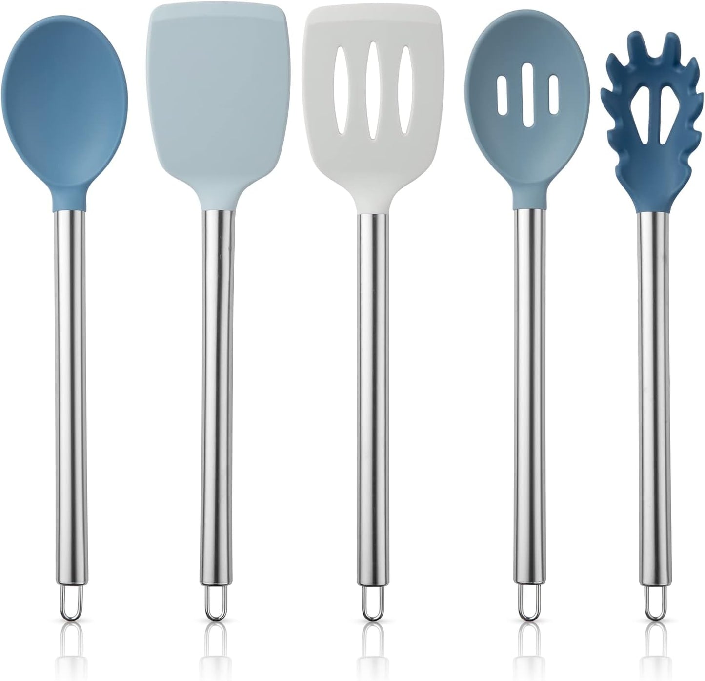 COOK WITH COLOR Silicone Cooking Utensils, Kitchen Utensil Set, Easy to Clean Silicone Kitchen Utensils, Cooking Utensils for Nonstick Cookware, Kitchen Gadgets Set, 5 Pieces, Blue and White