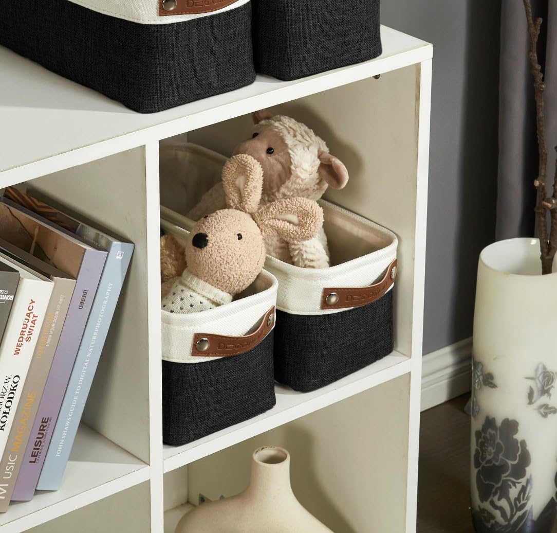 DECOMOMO Narrow Storage Bins Small Baskets for Organizing Bathroom, Toilet Tank, Towel Storage, Entryway, Gifts (Black and White - Set of 4)