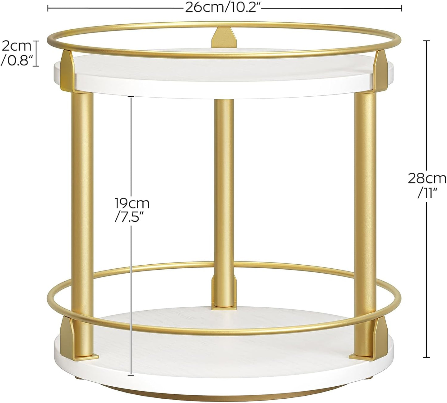 Lazy Susan Organizer, Rotating Spice Rack, 2 Tier Spice Turntable Organizer, Industrial Turntable Spice Holder, for Kitchen Countertop and Cabinet, Compact and Versatile, White and Gold SR22DW