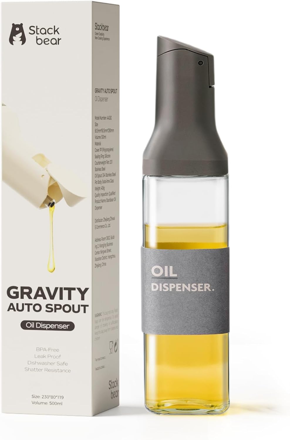 Olive Oil Dispenser for Cooking - 16oz Leakproof Glass Oil Dispenser Bottle with Gravity Spout, Air Fryer, BBQ, Healthy Salad & Non-Stick Pans, BPA-Free, Easy to Refill and Use, Dark Grey