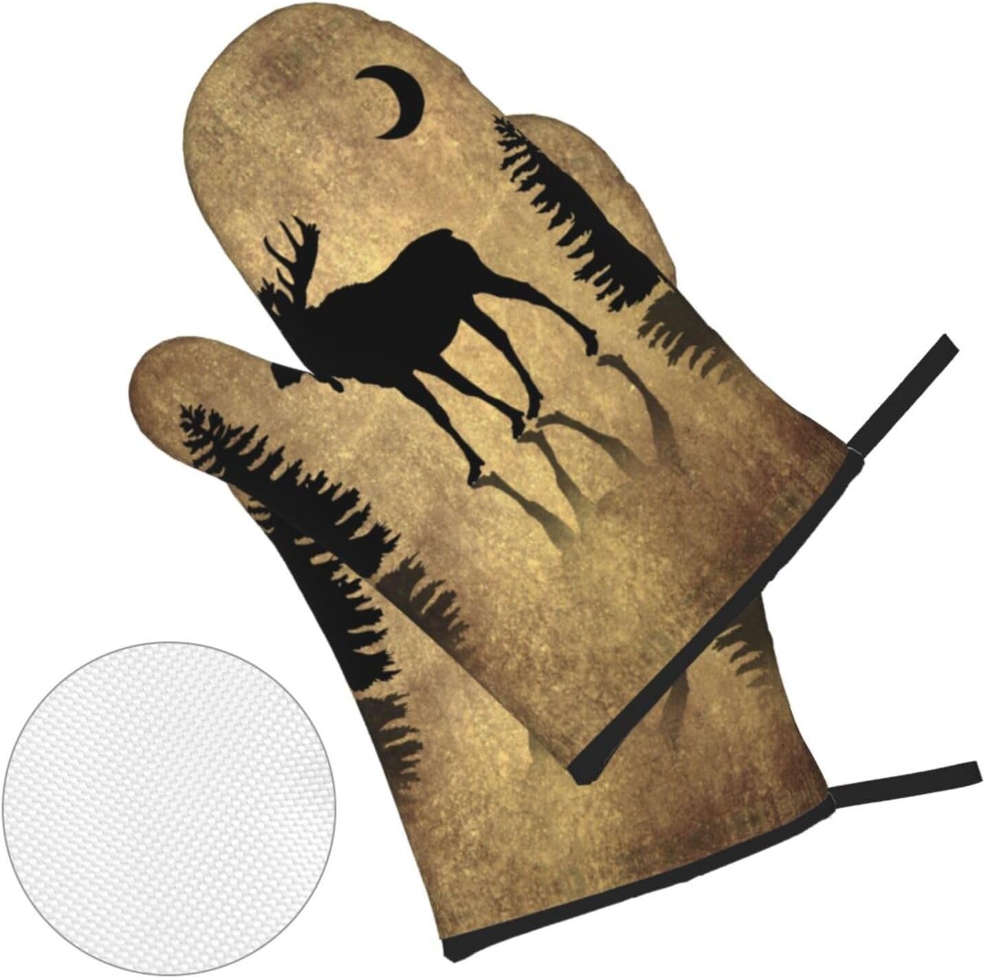 Rustic Elk Moose Deer Forest Pine Tree Moon Design Oven Mitts and Pot Holders Sets of 4 High Heat Resistant Vintage Animal Oven Mitts Oven Gloves and Hot Pads Potholders for BBQ Cooking Mitts