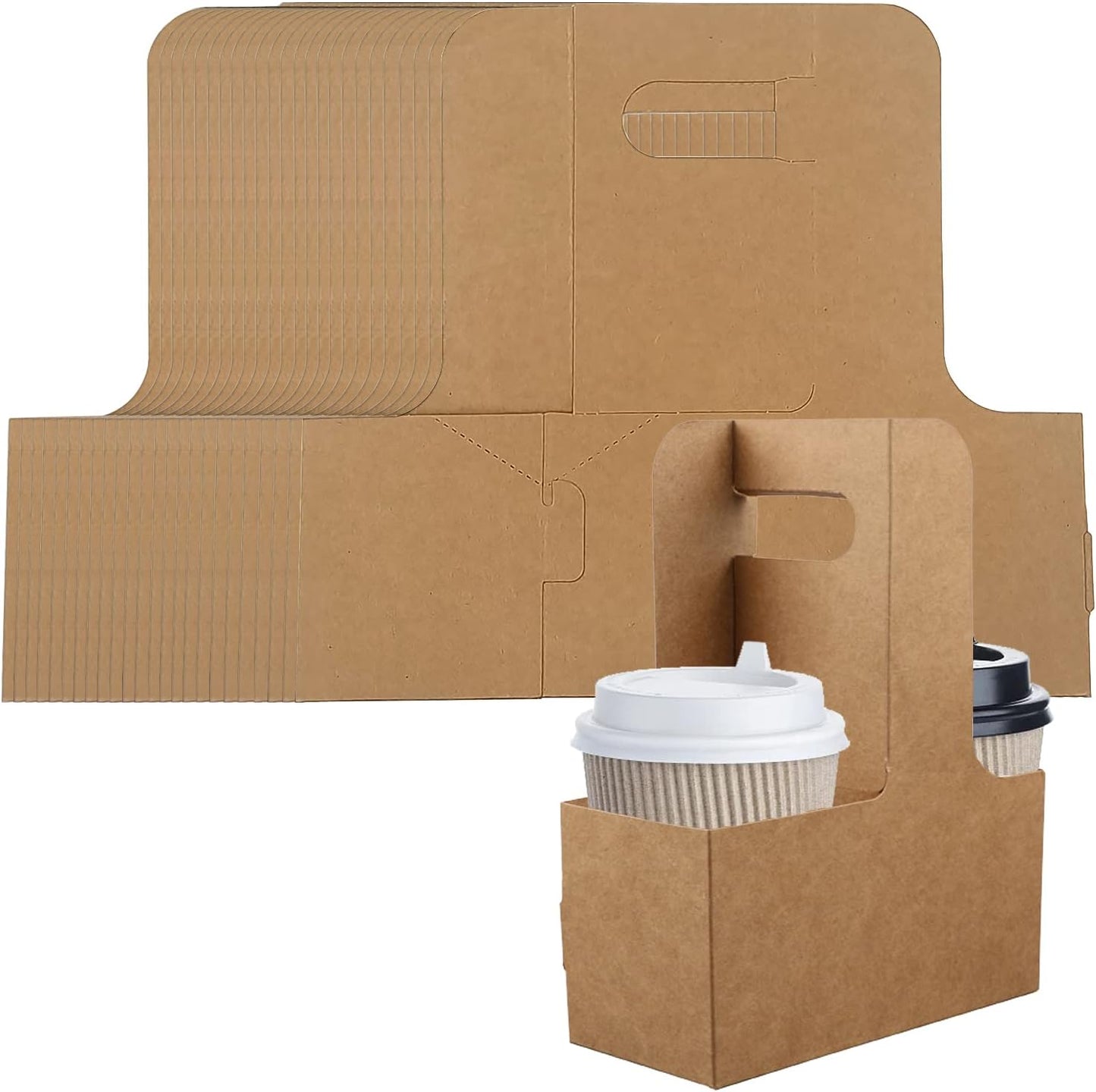 2 Cup Drink Carrier With Handle, 20 Pack Kraft Paperboard Handled Drink Carriers for Hot or Cold Drinks, Disposable Cup Holder Paper Cup Holder for Restaurants Food Delivery, Takeout