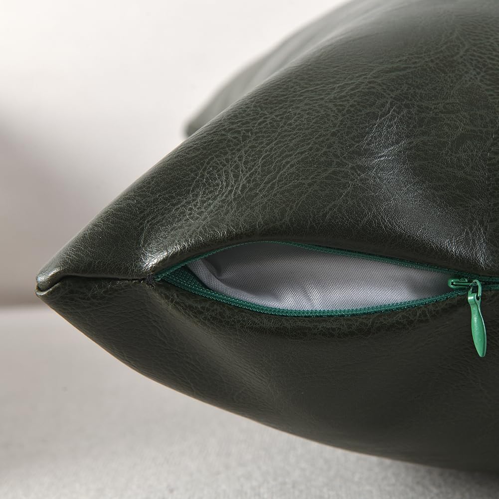Fancy Homi Dark Green Lumbar Faux Leather Decorative Throw Pillow Covers 12x20 Inch for Living Room Couch Bed, Modern Farmhouse Boho Home Decor, Olive Green Hand Stitched Cushion Case 30x50 cm