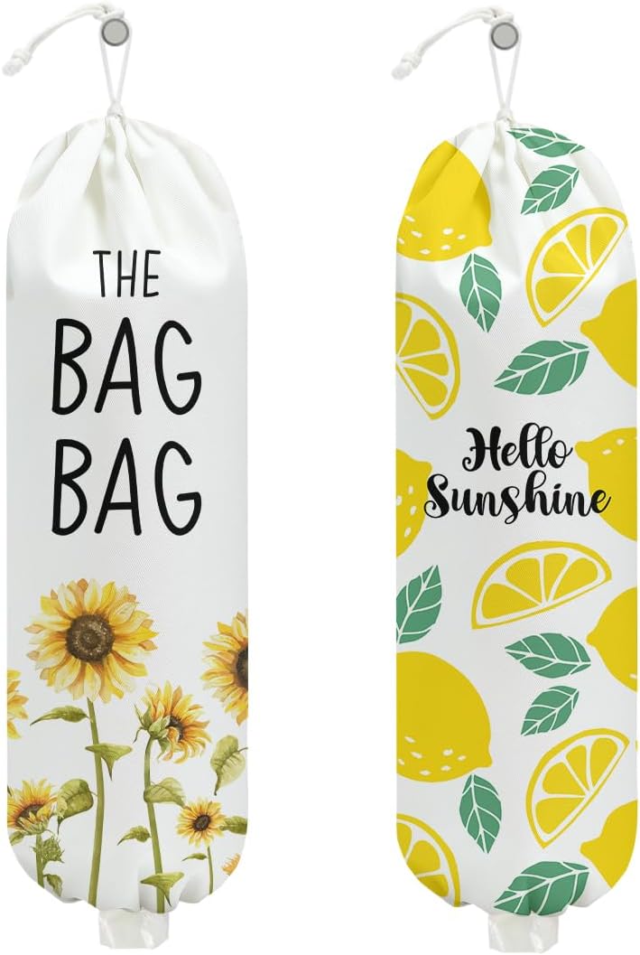 2 Pcs Sunflower Plastic Bag Holder, Lemon grocery bag holder for plastic Storage bag, Reusable Grocery Bag Organizer with Drawstring, Pull Rope Free Adjustment, Home Kitchen Pantry Decor, 22.5x9 Inch