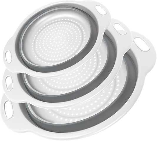 Collapsible Colander 3-Pack Set Space-Saving Foldable Kitchen Strainer with Non-Slip Base Durable Thickened PP+TPE Collapsible Strainers for Pasta, Vegetables, Fruits (Gray-White)