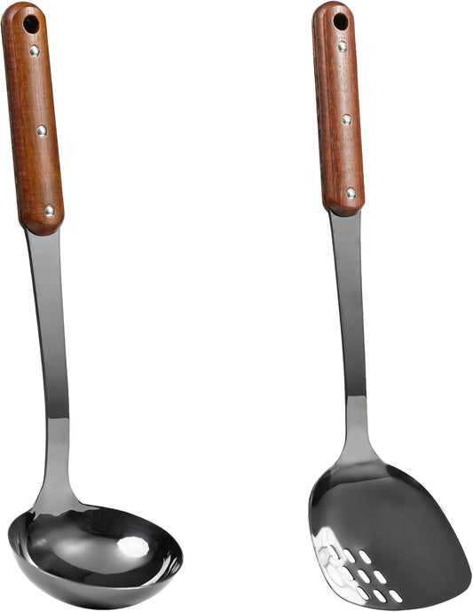 FJNATINH Stainless Steel Wok Spatula and Ladle Tool, Mirror Polished Cooking Utensils Set Metal Wok Accessories with Wooden Handle,Easy to Clean Kitchen Utensils,Black