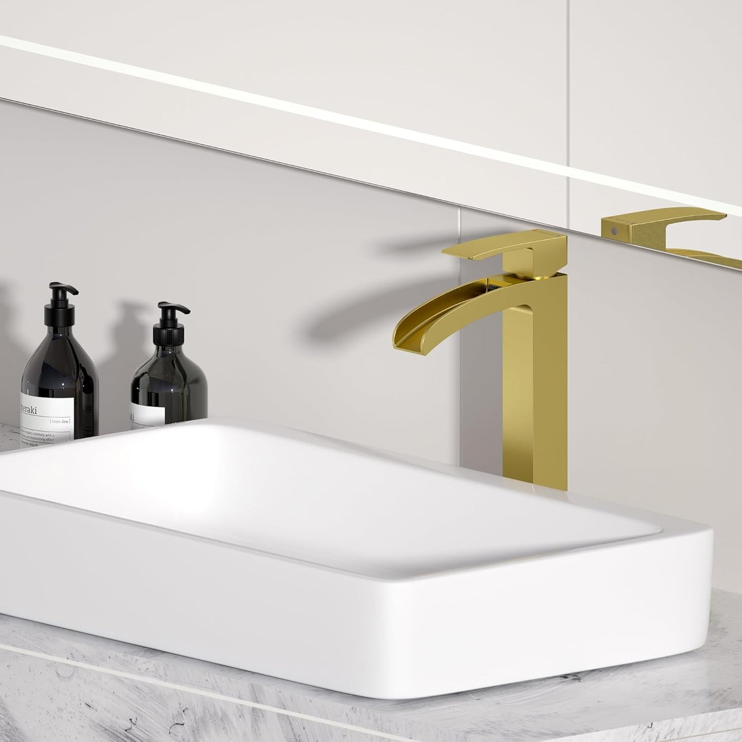 Bathroom Faucet Tall Vessel Waterfall Faucet Deck Mount Single Handle Lavatory with Water Supply Line and with Pop Up Drain （Brushed Gold ）