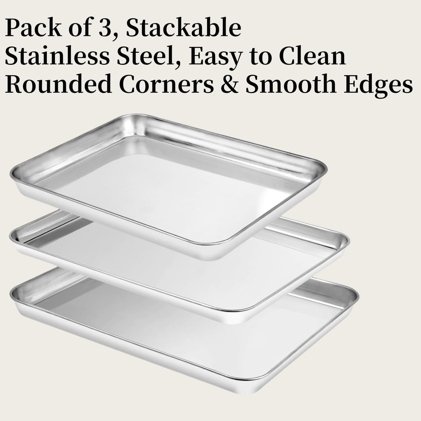 Baking Sheet Set of 3, Heavy-Duty Stainless-Steel Baking Pans, Cookie Sheets Cooking Trays for Oven, 3 Different Sizes (12/16/17.5 Inch)
