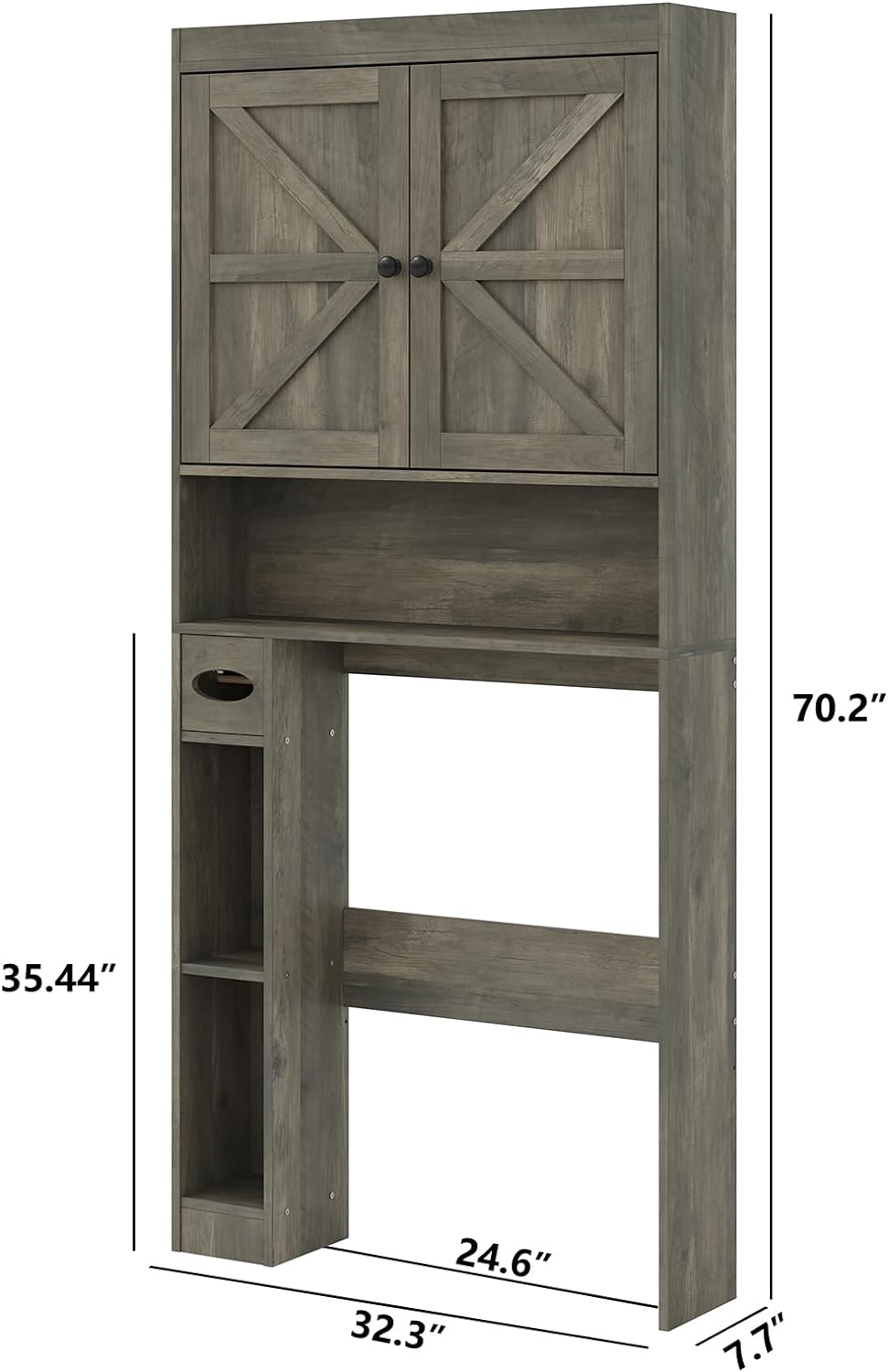 Furnideco 32.3''W Over The Toilet Storage Cabinet with Barn Doors, Over Toilet Shelf Farmhouse Storage Cabinet Space Saver with Toilet Paper Holder & Adjustable Bottom Bar, Gray