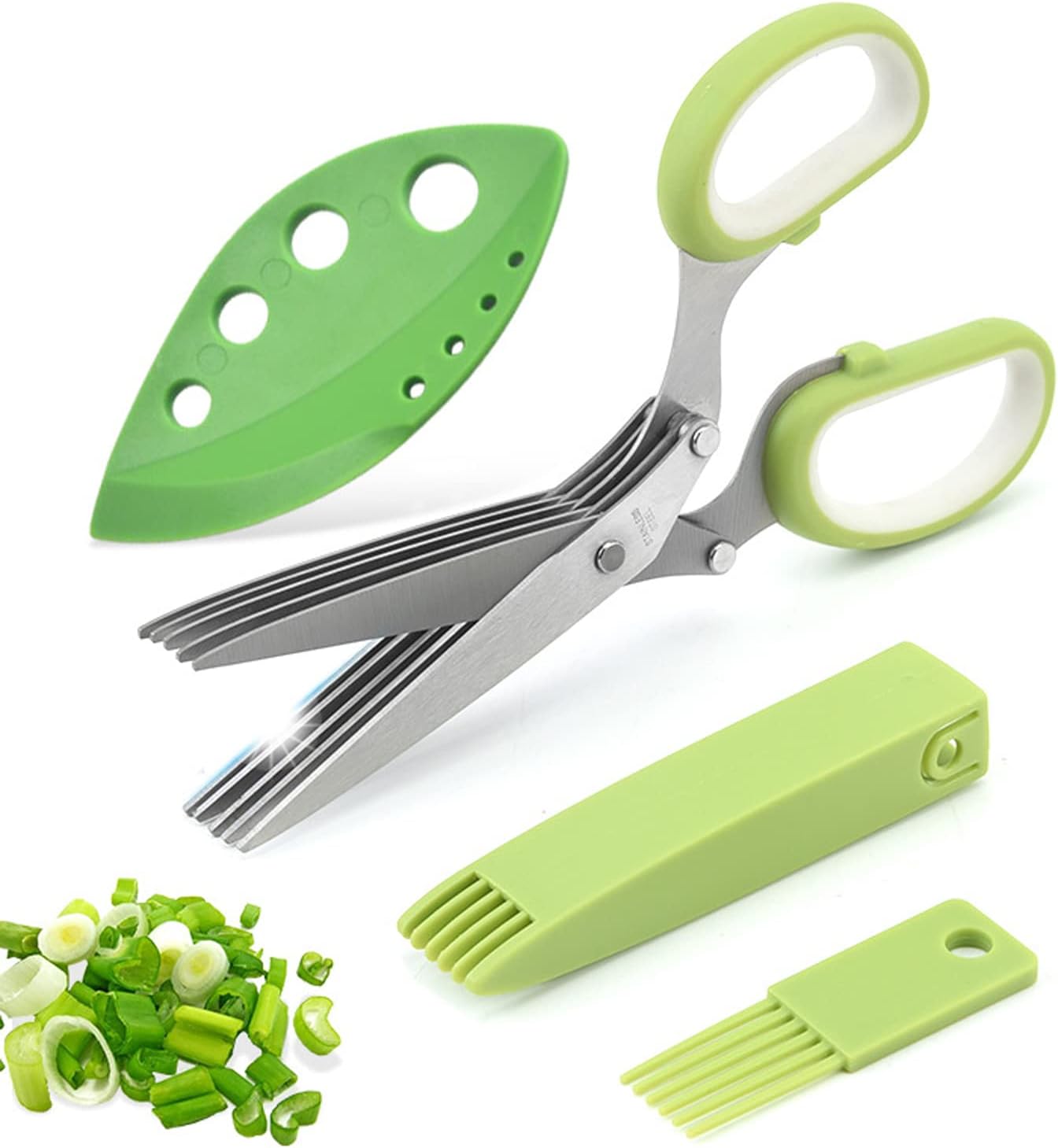 Herb Scissors Set,Multipurpose 5 Blade Kitchen Herb Cutter with Safety Cover and Cleaning Comb for Cutting Shredded Lettuce, Cilantro Fresh, Green Onion Fresh and etc.