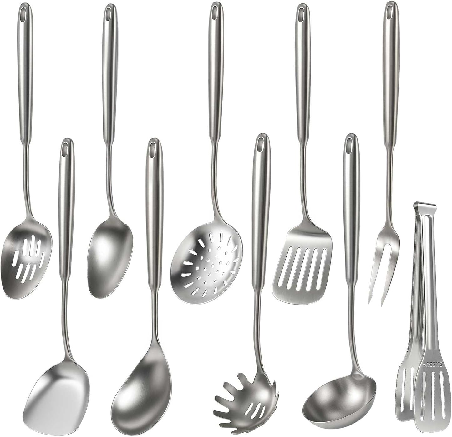 Newness 10 Pcs Cooking Utensils Set, 304 Stainless Steel Kitchen Utensils Set, Metal Kitchen Accessories, Include Soup Ladle, Slotted Skimmer Spoon, Spaghetti Spoon and Spatula, Tongs,Dishwasher Safe