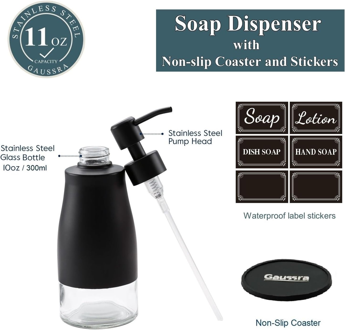Black Soap Dispenser with Coasterand Stickers, Refillable Liquid Stainless Steel Soap Dispenser for Kitchen Sink, Bathroom Countertop (11OZ / 320ML)