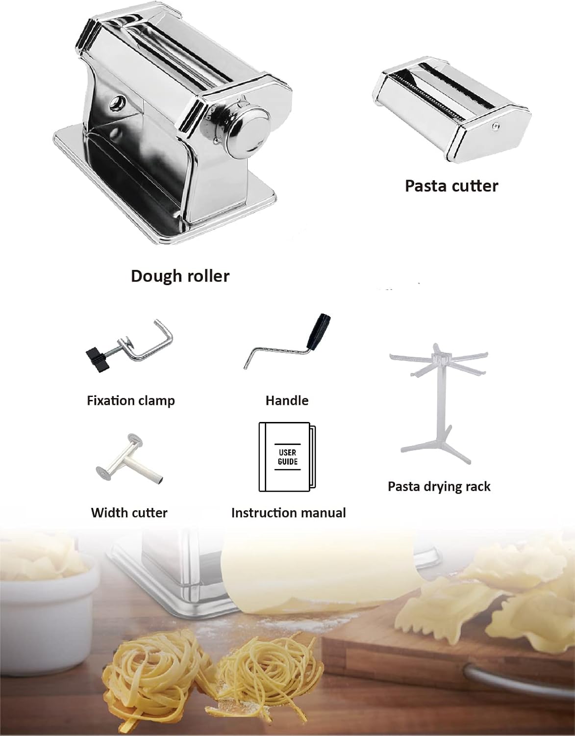 Pasta Maker Machine, 9 Adjustable Thickness Settings 2 in 1 Noodle Maker Dumpling Maker Machine Set with Dough roller, Pasta cutter, Pasta Drying Rack Attachment