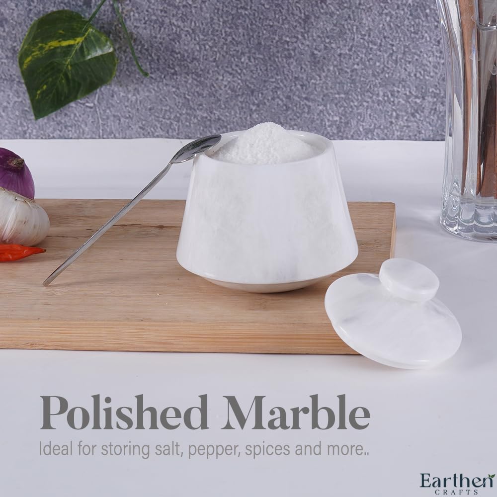 Marble Salt Cellar With Lid White 4 Inch Salt Jar with Spoon, Salt and Spices Storage Box For Kitchen Counter, Modern Salt Keeper