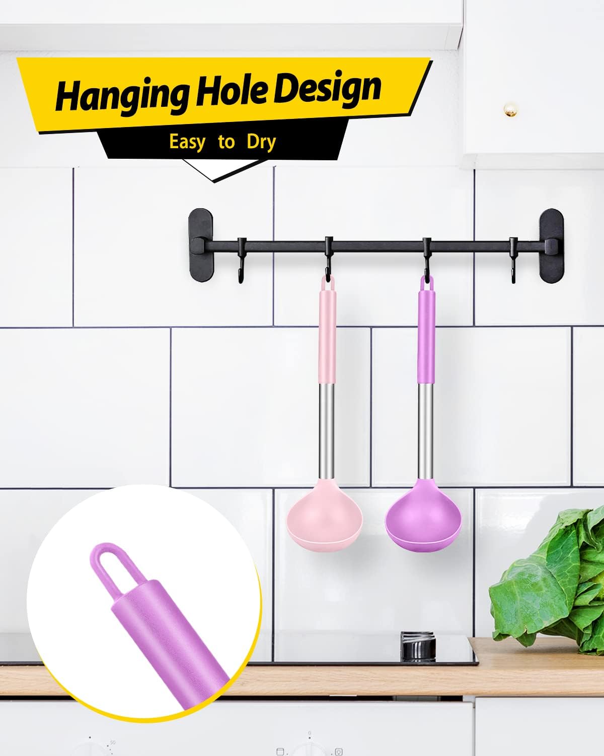 Pack of 2 Ladle Spoon,Silicone Large Spoon for Soup,Non Stick Kitchen Utensils with High Heat Resistant,BPA Free Perfect Kitchen Tools for Cooking, Stirring,Serving Soups (PINK-PURPLE)