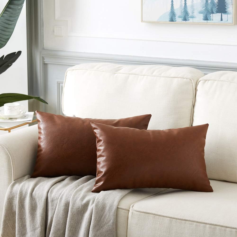 Fancy Homi Brown Boho Lumbar Faux Leather Decorative Throw Pillow Covers 14x24 Inch for Living Room Couch Bed Sofa, Solid Rectangle Cushion Case 35x60 cm, Rustic Modern Farmhouse Home Decor