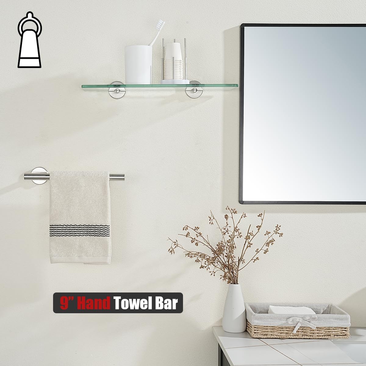 JQK Hand Towel Holder Towel Ring, 10 Inch Thicken 0.8mm 304 Stainless Steel Bathroom Hand Towel Bar, 9 Inch Useable Length Wall Mount Towel Rack Hanger, Brushed Steel, THH110L9-BN
